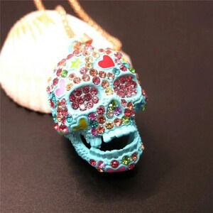 Blue Rhinestone Crystal Skull Pendant Goldtoned Chain Necklace 27.5"